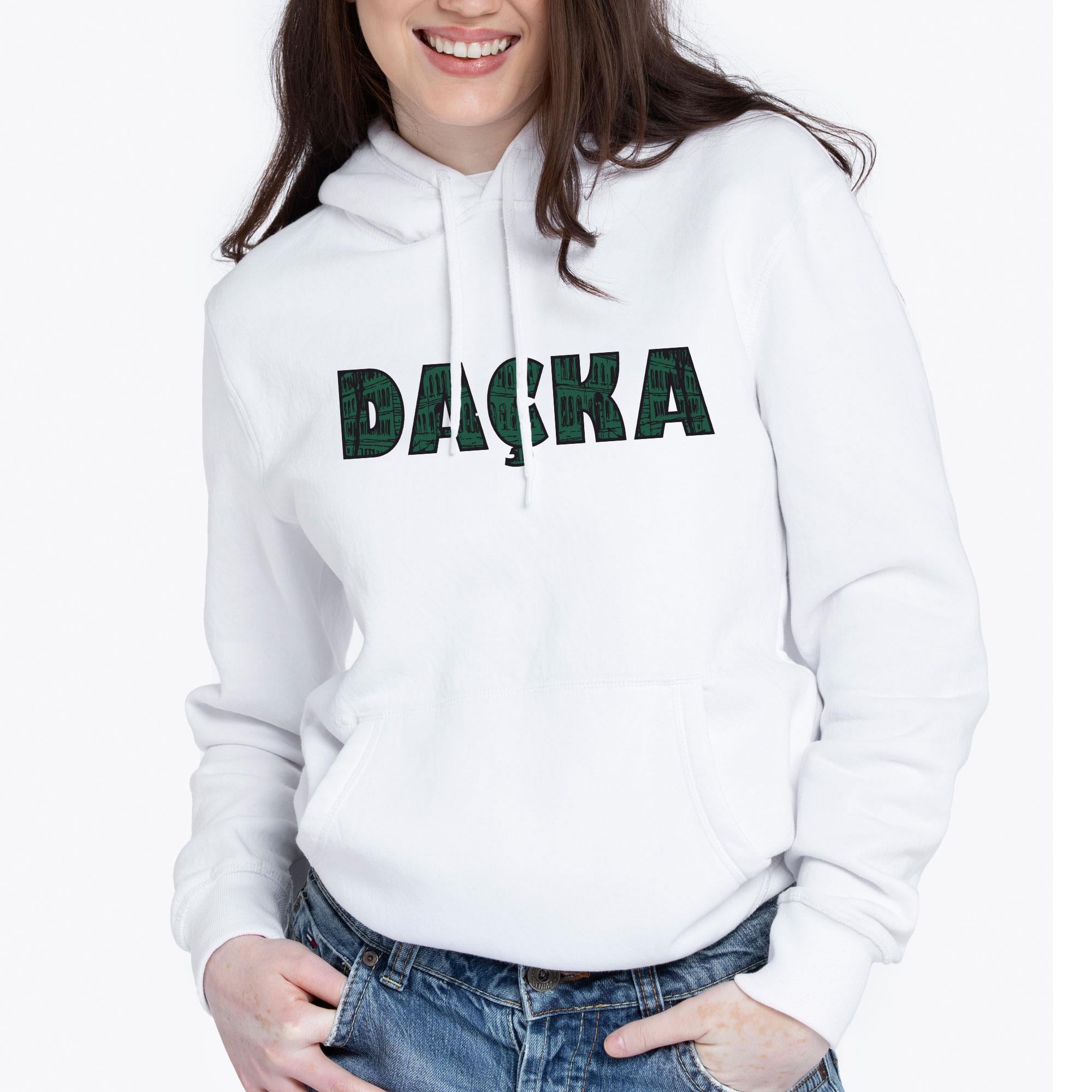 Kapüşonlu Sweatshirt - Hoodie Beyaz- Nostaljik Bina Desenli Daçka