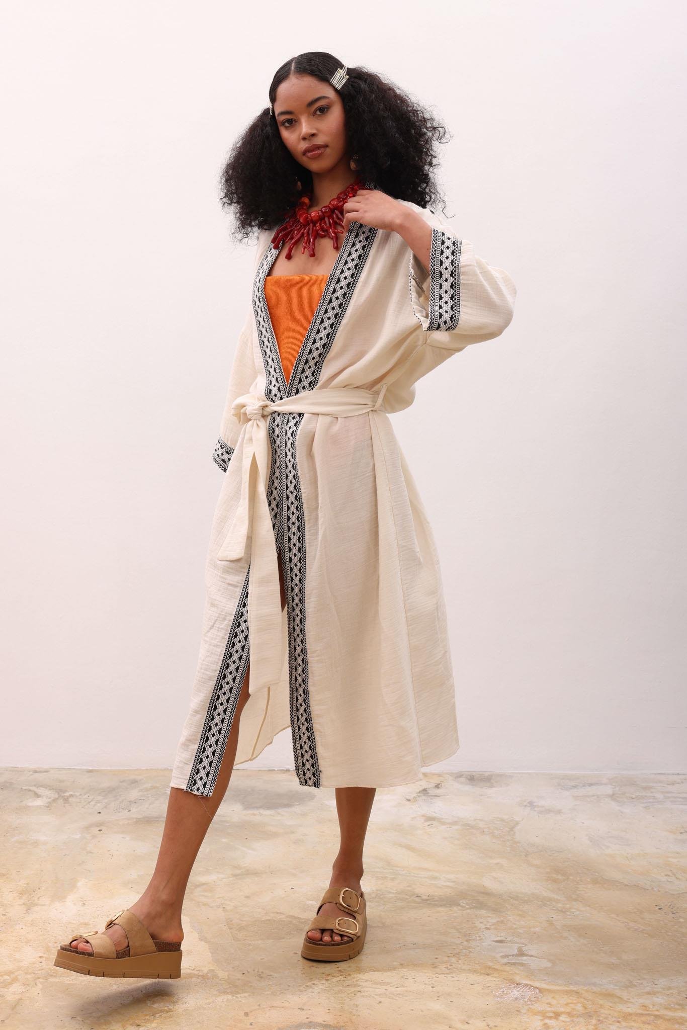 Desenli Keten Kimono