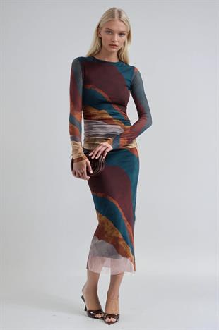 Batik Desenli Tül Elbise 2977