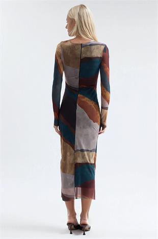 Batik Desenli Tül Elbise 2977
