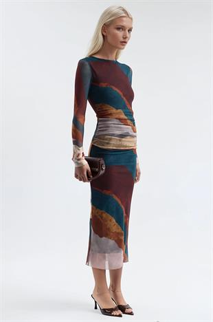Batik Desenli Tül Elbise 2977