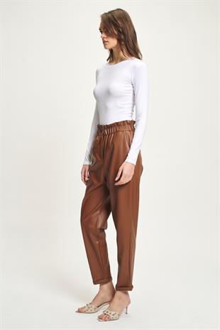Beli Büzgülü Deri Havuç Pantolon 0098 R5-F-K2