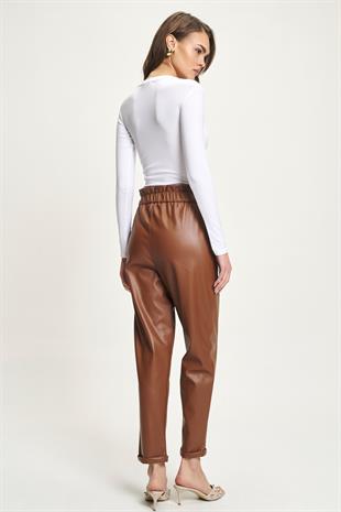 Beli Büzgülü Deri Havuç Pantolon 0098 R5-F-K2