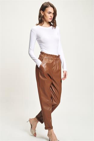 Beli Büzgülü Deri Havuç Pantolon 0098 R5-F-K2