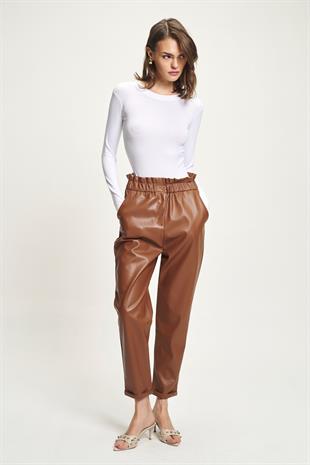 Beli Büzgülü Deri Havuç Pantolon 0098 R5-F-K2