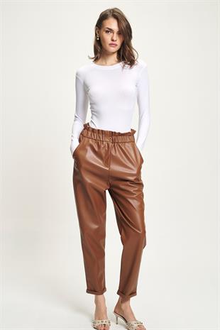 Beli Büzgülü Deri Havuç Pantolon 0098 R5-F-K2