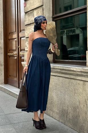 Beli Pileli Straplez Denim Elbise 2886