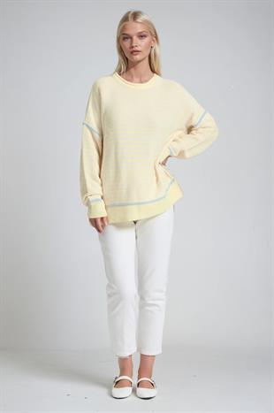 Bisiklet Yaka Oversize Çizgili Triko Kazak 1419