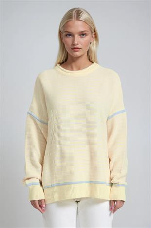 Bisiklet Yaka Oversize Çizgili Triko Kazak 1419