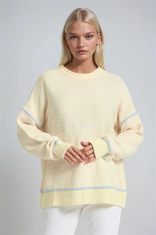 Bisiklet Yaka Oversize Çizgili Triko Kazak 1419