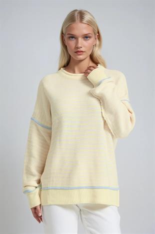 Bisiklet Yaka Oversize Çizgili Triko Kazak 1419