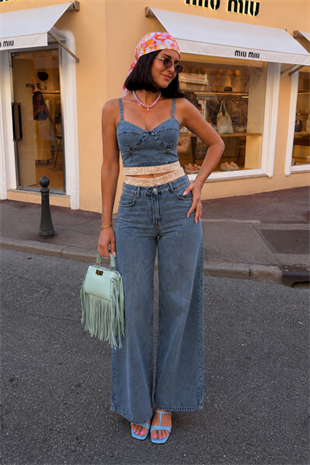 Bohem Detaylı Denim Büstiyer Bol Paça Pantolon İkili Takım 10350