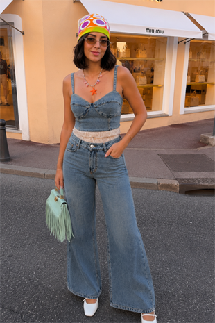 Bohem Detaylı Denim Büstiyer Bol Paça Pantolon İkili Takım 10350
