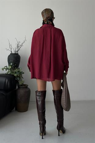 Bordo Çizgili Transparan Oversize Gömlek 3515