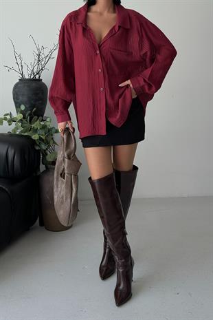 Bordo Çizgili Transparan Oversize Gömlek 3515