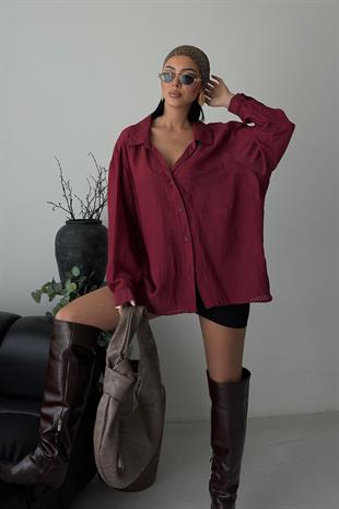Bordo Çizgili Transparan Oversize Gömlek 3515