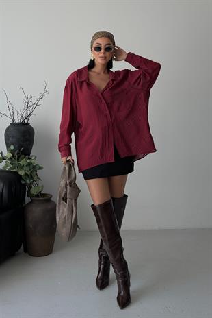 Bordo Çizgili Transparan Oversize Gömlek 3515