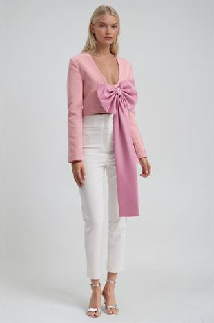 Büyük Fiyonk Detaylı Derin V Yaka Crop Blazer Ceket 6188