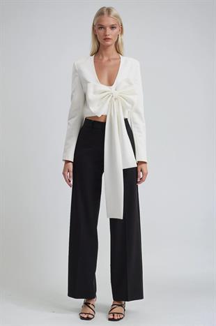 Büyük Fiyonk Detaylı Derin V Yaka Crop Blazer Ceket 6188