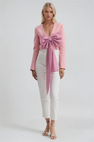 Büyük Fiyonk Detaylı Derin V Yaka Crop Blazer Ceket 6188