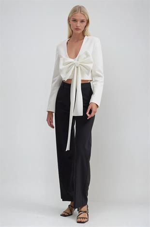 Büyük Fiyonk Detaylı Derin V Yaka Crop Blazer Ceket 6188