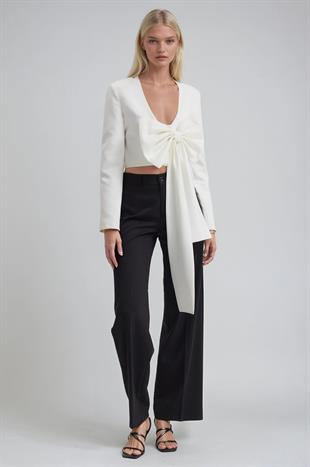 Büyük Fiyonk Detaylı Derin V Yaka Crop Blazer Ceket 6188