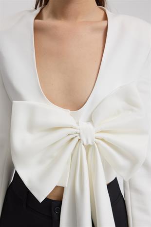 Büyük Fiyonk Detaylı Derin V Yaka Crop Blazer Ceket 6188
