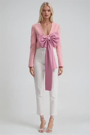 Büyük Fiyonk Detaylı Derin V Yaka Crop Blazer Ceket 6188