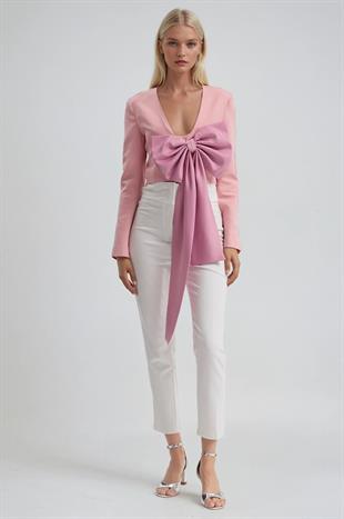 Büyük Fiyonk Detaylı Derin V Yaka Crop Blazer Ceket 6188
