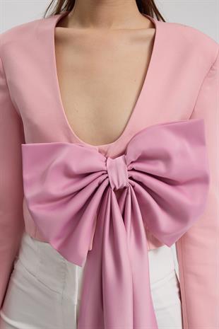Büyük Fiyonk Detaylı Derin V Yaka Crop Blazer Ceket 6188