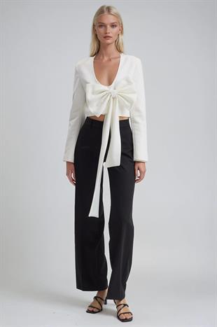 Büyük Fiyonk Detaylı Derin V Yaka Crop Blazer Ceket 6188