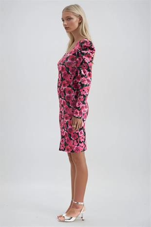 Çiçek Desenli Kare Yaka Midi Elbise  2955