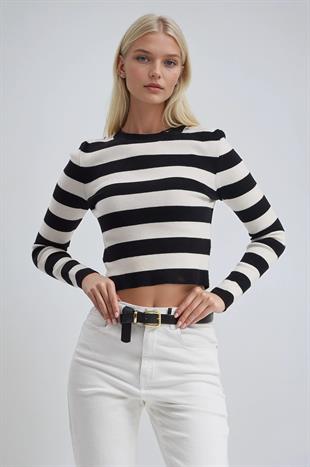 Çizgili Desen Crop Triko Kazak 1400