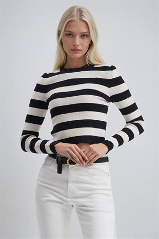 Çizgili Desen Crop Triko Kazak 1400
