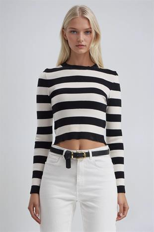 Çizgili Desen Crop Triko Kazak 1400