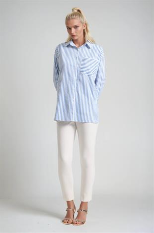 Çizgili Oversize Cep Detaylı Gömlek 3495