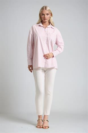 Çizgili Oversize Cep Detaylı Gömlek 3495