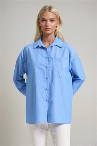 Çizgili Oversize Cep Detaylı Gömlek 3495