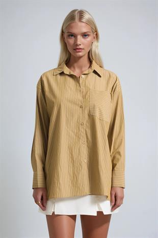 Çizgili Oversize Cep Detaylı Gömlek 3495
