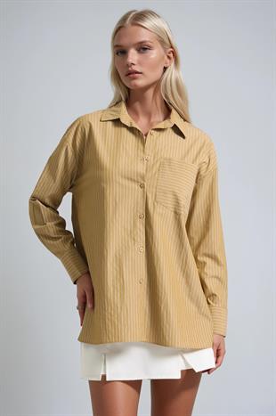 Çizgili Oversize Cep Detaylı Gömlek 3495