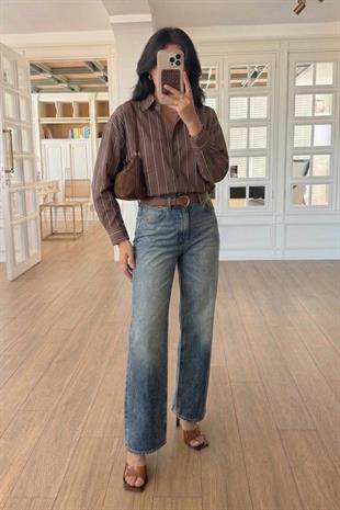 Çizgili Oversize Kesim Gömlek 3505