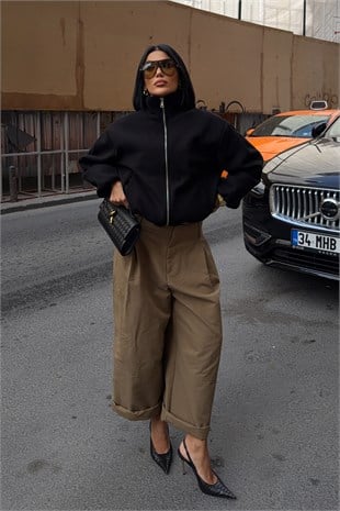 Dik Yaka Fermuarlı Kaşe Ceket  7149