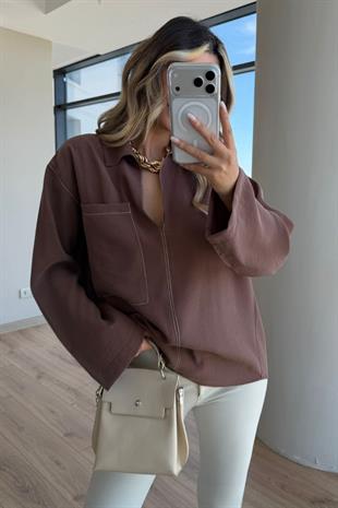 Dikiş Detaylı Gömlek Yaka Modal Bluz 3511