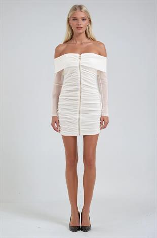 Drape Detaylı Full Fermuar Mini Tül Elbise 2937 R5-G-K5