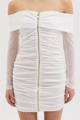 Drape Detaylı Full Fermuar Mini Tül Elbise 2937 R5-G-K5