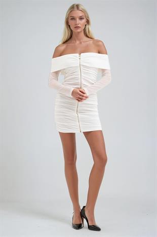 Drape Detaylı Full Fermuar Mini Tül Elbise 2937 R5-G-K5