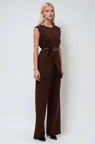 Düğme ve Kemer Detaylı Bluz Pantolon Double Takım 10289