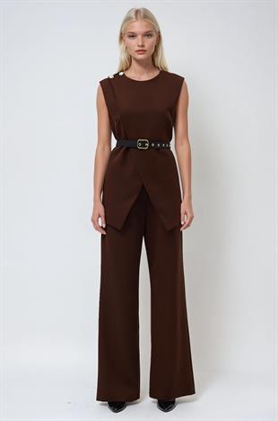 Düğme ve Kemer Detaylı Bluz Pantolon Double Takım 10289