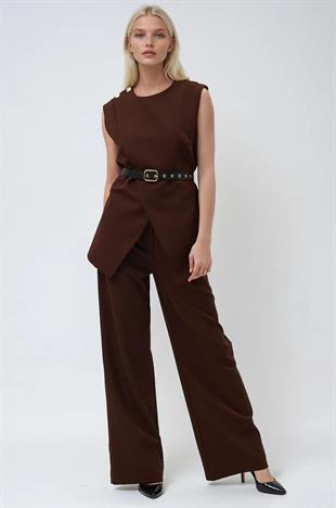 Düğme ve Kemer Detaylı Bluz Pantolon Double Takım 10289