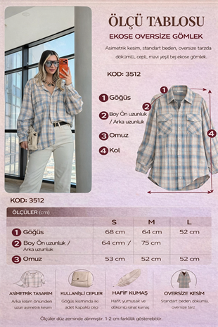Ekose Desenli Cepli Oversize Gömlek 3512